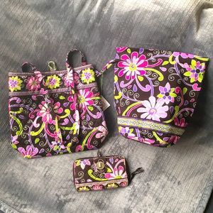 Retired Vera Bradley 3 Piece Set Purse Handbag Wallet Ditty Bag Spring New